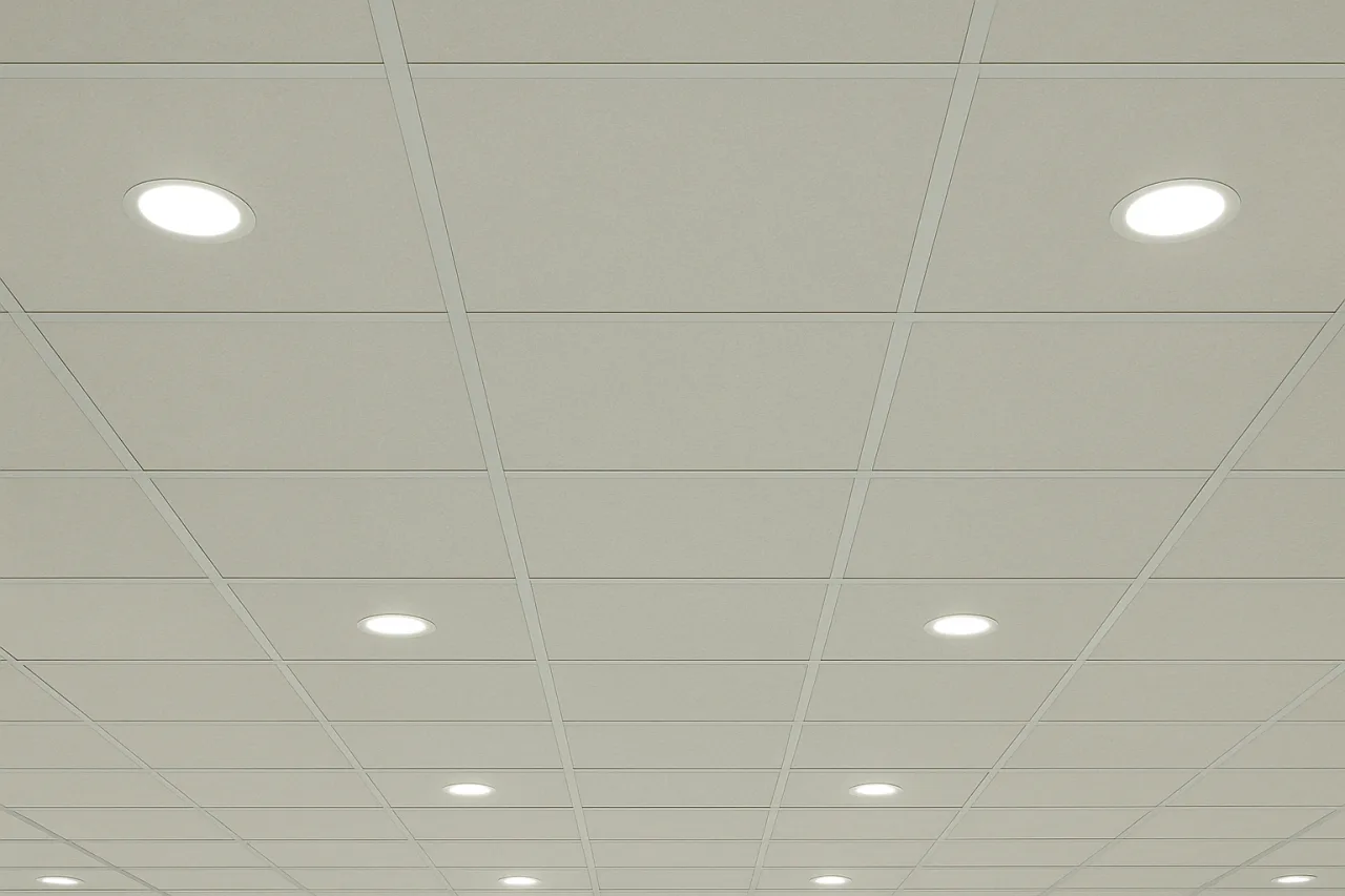 Two diamond-shaped white acoustic panels with a rough, fibrous texture, made from wood-wool material.