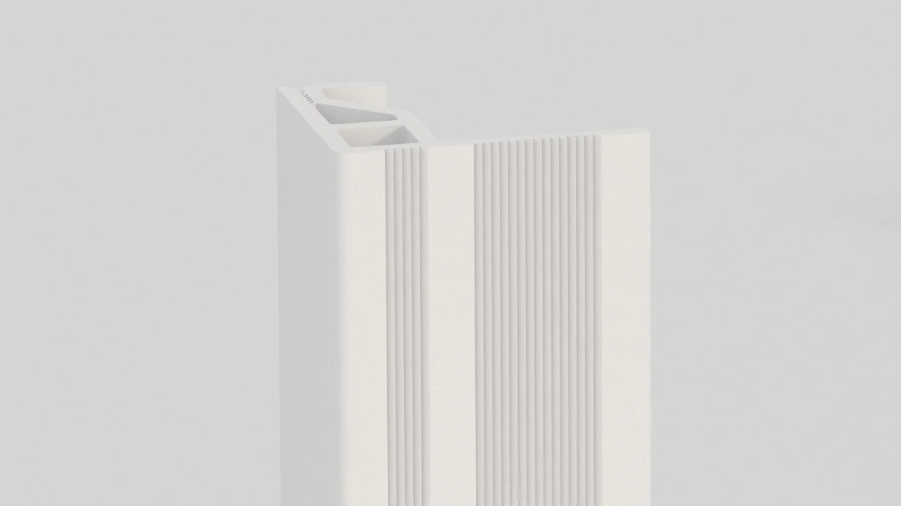 A single white extruded profile with ridged grooves, standing vertically against a light gray background.