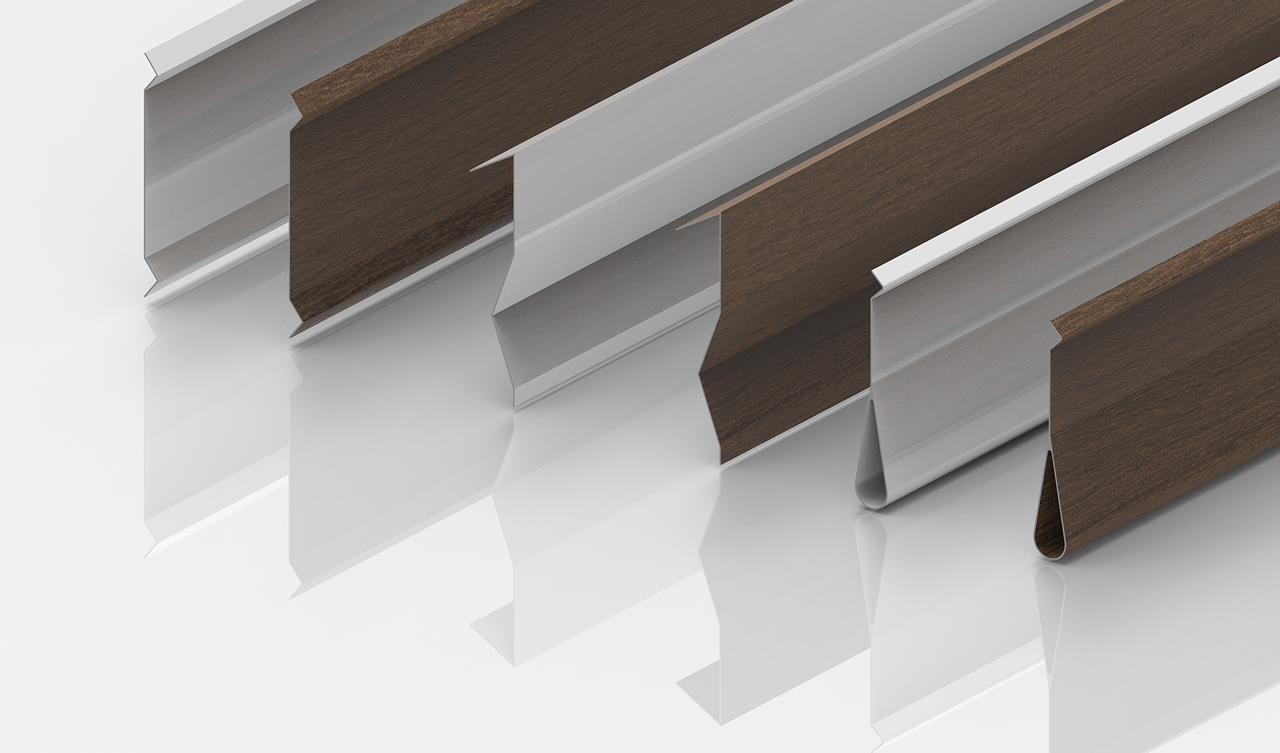 A detailed close-up view of metallic trim pieces in a polished wood-like finish and reflective silver, arranged in parallel for a sleek aesthetic.