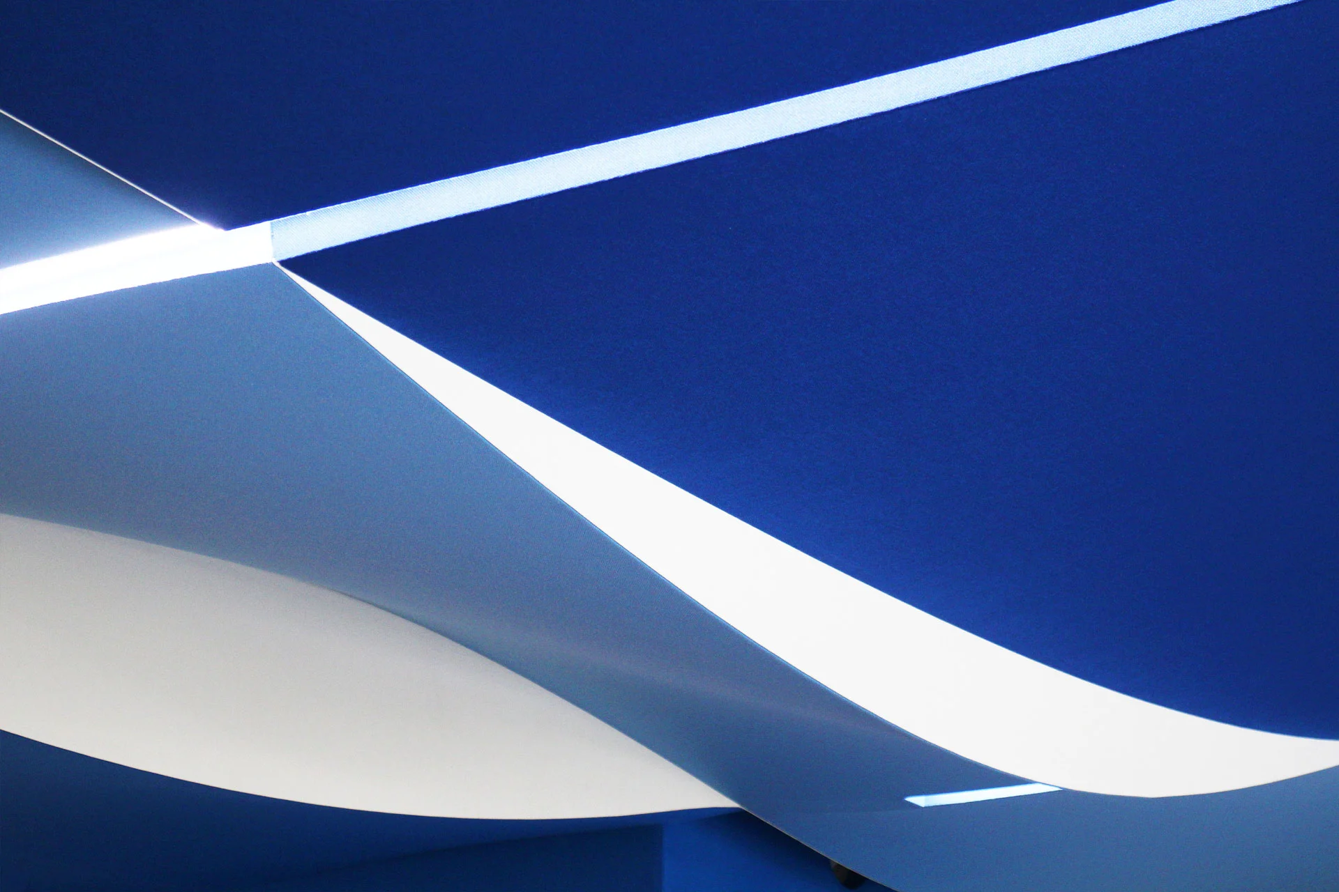 An abstract ceiling installation with large blue and white curved panels that crisscross, creating dynamic shapes and lines.