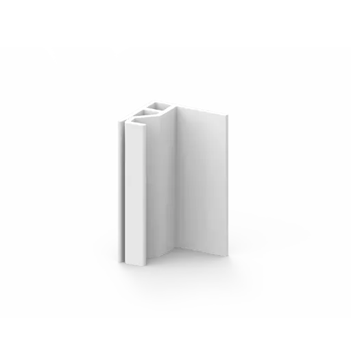 A white, L-shaped plastic or metal corner piece with a hollow section, standing upright on a plain, light gray background.