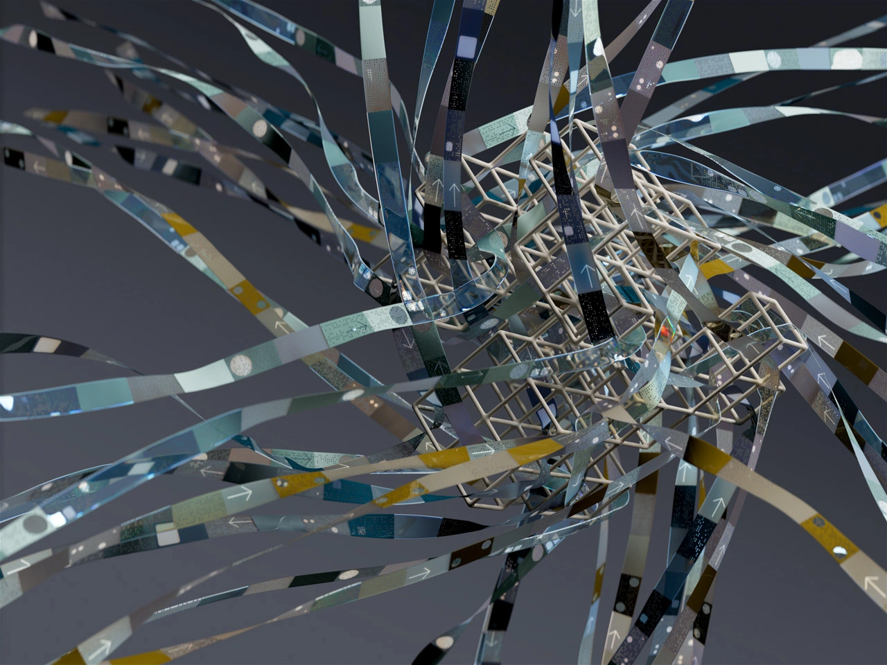 A close-up of an abstract geometric structure composed of intertwining metallic ribbons in various colors, resembling a dynamic, tangled network.