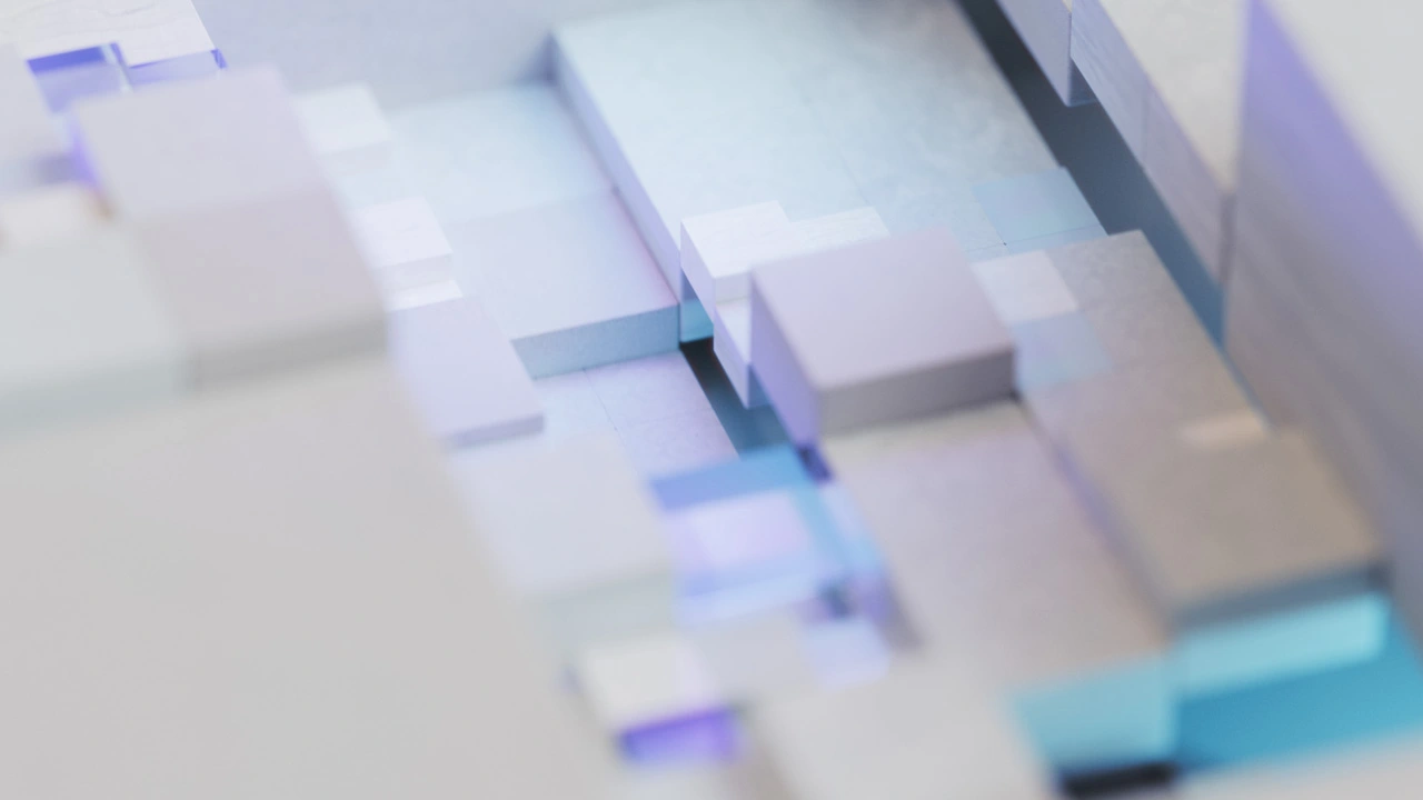 Abstract geometric blocks in soft pastel tones arranged in a layered, minimalistic composition with subtle blue lighting.