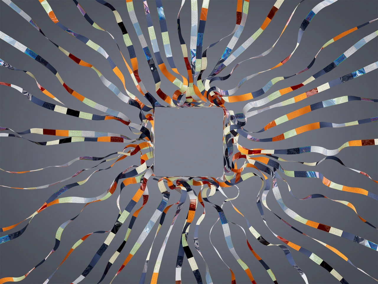 Colorful ribbons extending from a central square, creating a vibrant, dynamic visual effect against a grey background.