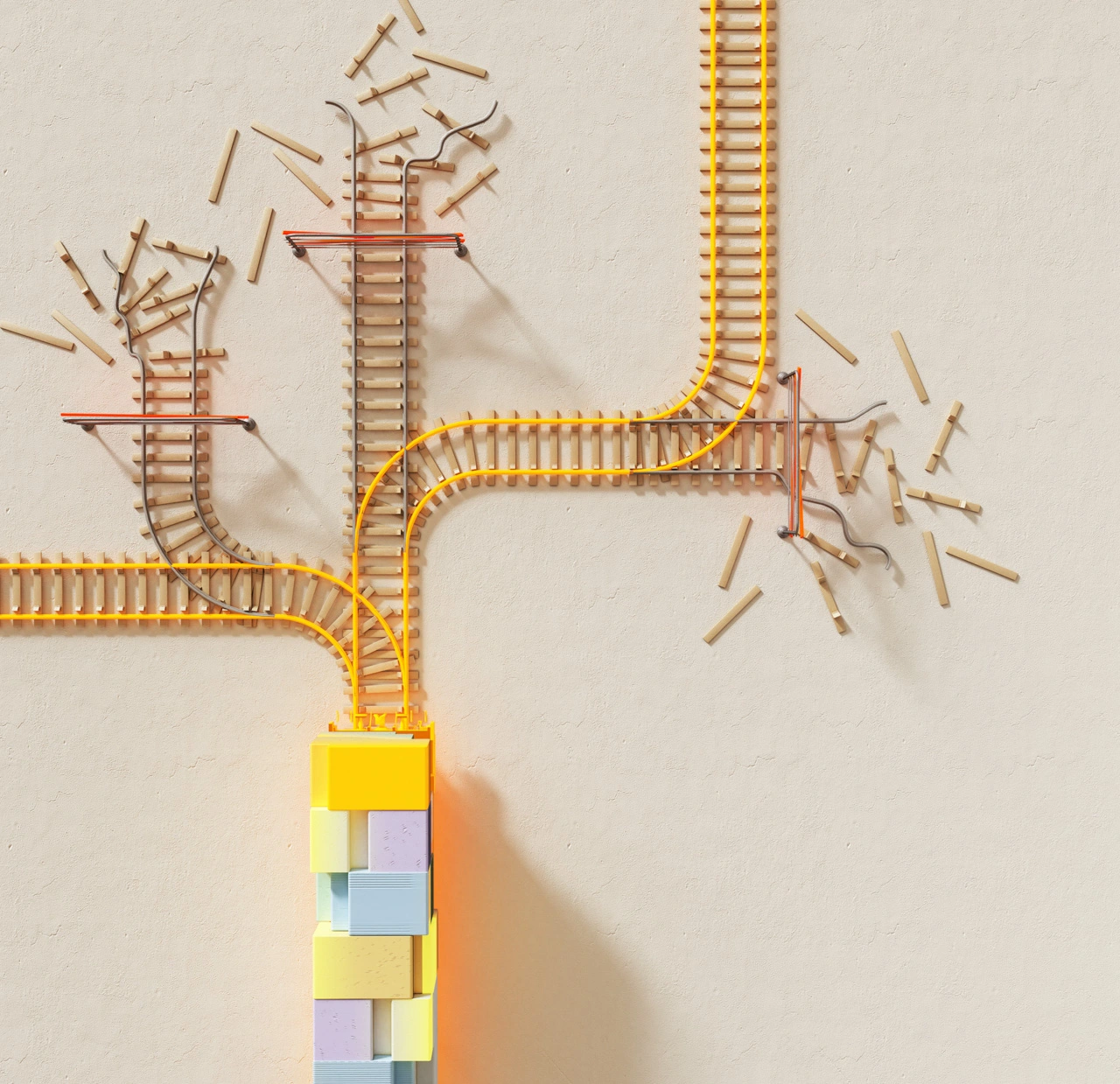 A creative depiction of toy train tracks arranged in a unique, interlocking pattern. The tracks are orange and yellow, branching off in various directions on a beige background, alongside a colorful block tower.