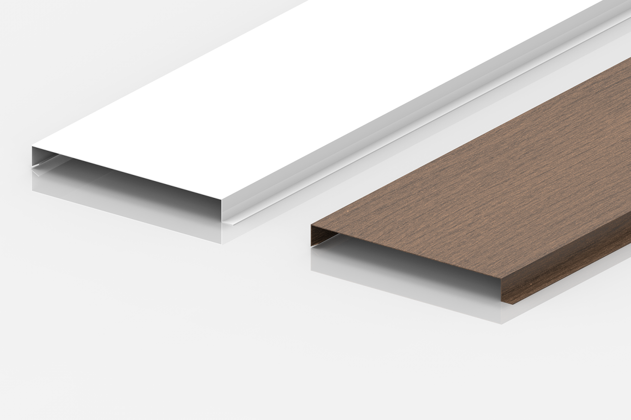A close-up view of two rectangular metal sections, one in white and the other in a wood-like finish, both with smooth, polished surfaces.