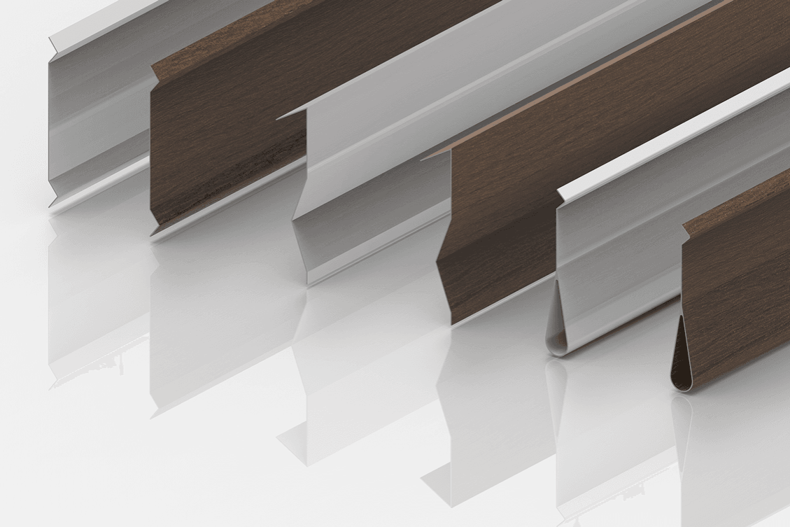 A detailed close-up view of metallic trim pieces in a polished wood-like finish and reflective silver, arranged in parallel for a sleek aesthetic.