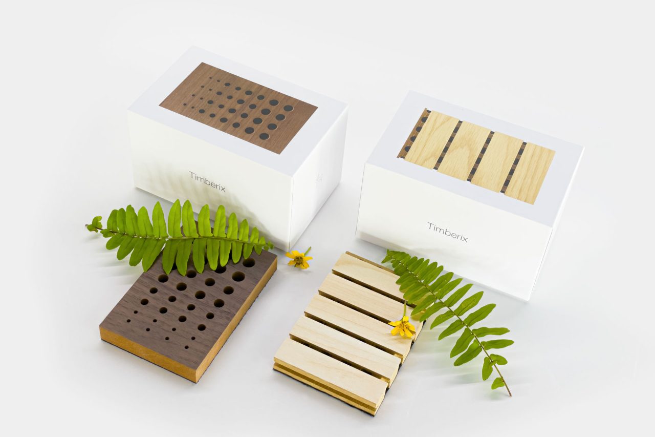 Two Timberix acoustic sample kits, one with perforated holes and the other with slotted grooves, displayed with green fern leaves and small yellow flowers for decoration.